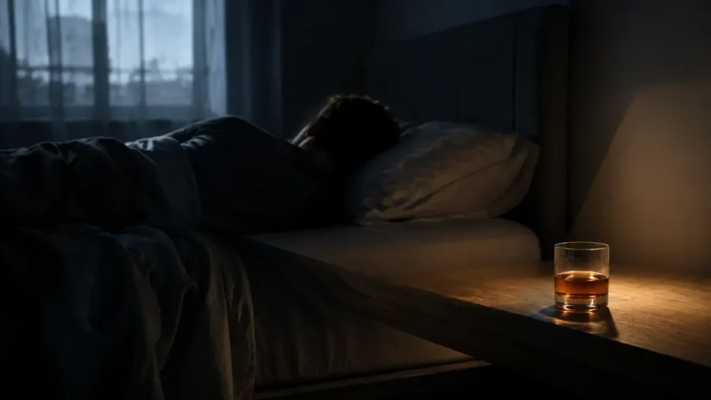 A restless person lies awake before dawn as an amber drink casts a long shadow toward the bed.