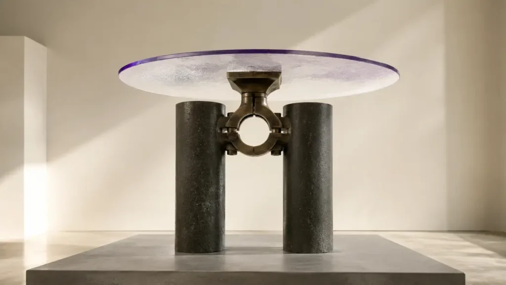 A bronze clamp and two basalt columns support a broad glass canopy, symbolizing strength and independence.