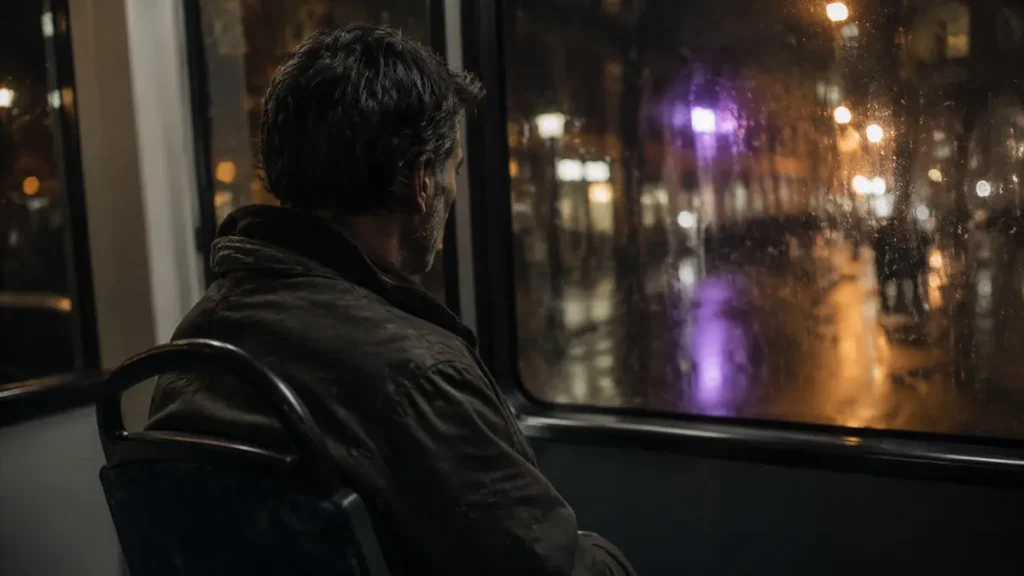 An exhausted man sits alone on a night bus, his weathered reflection visible in the window.