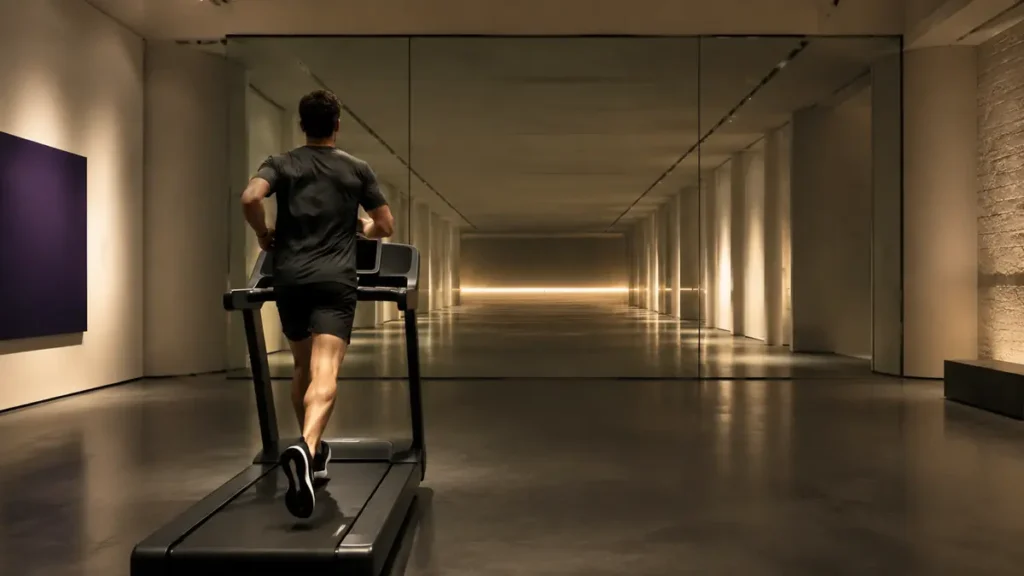 A lone runner faces a finish line that remains beyond reach inside an empty gallery.