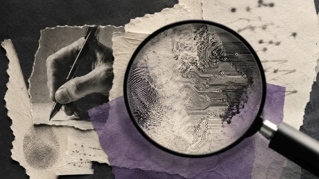 A magnifying lens merges a fingerprint, torn paper and circuitry, questioning certainty about AI writing.