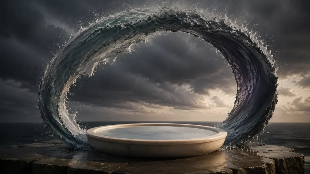 A perfectly still stone basin remains undisturbed inside a towering ring of storm-driven ocean water.