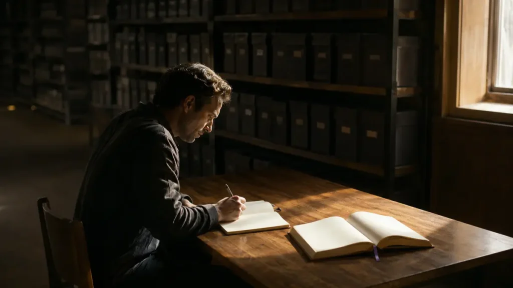 A reader turns immediately from an open book to write an original thought in a blank notebook.