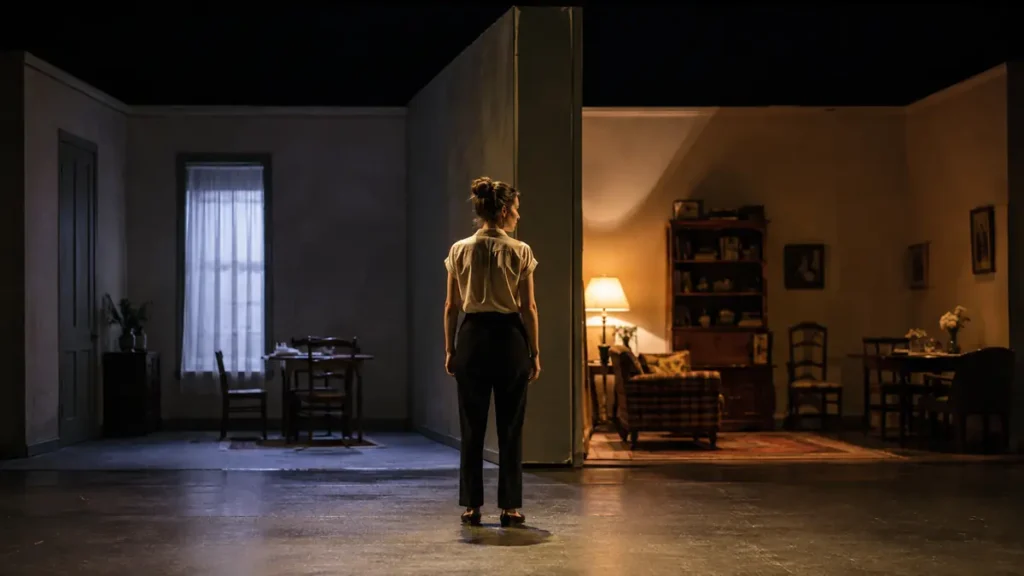 A lone actress stands between two contrasting domestic stage sets, uncertain which reality to enter.