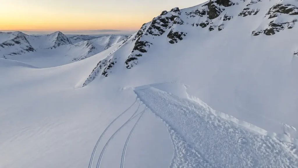 Three ski tracks cross calm alpine snow before disappearing into a fresh avalanche fracture.