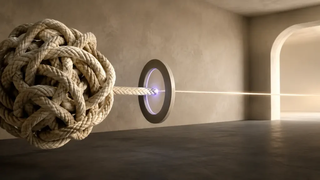 A tangled ivory rope passes through a precise aperture and emerges as one illuminated thread.