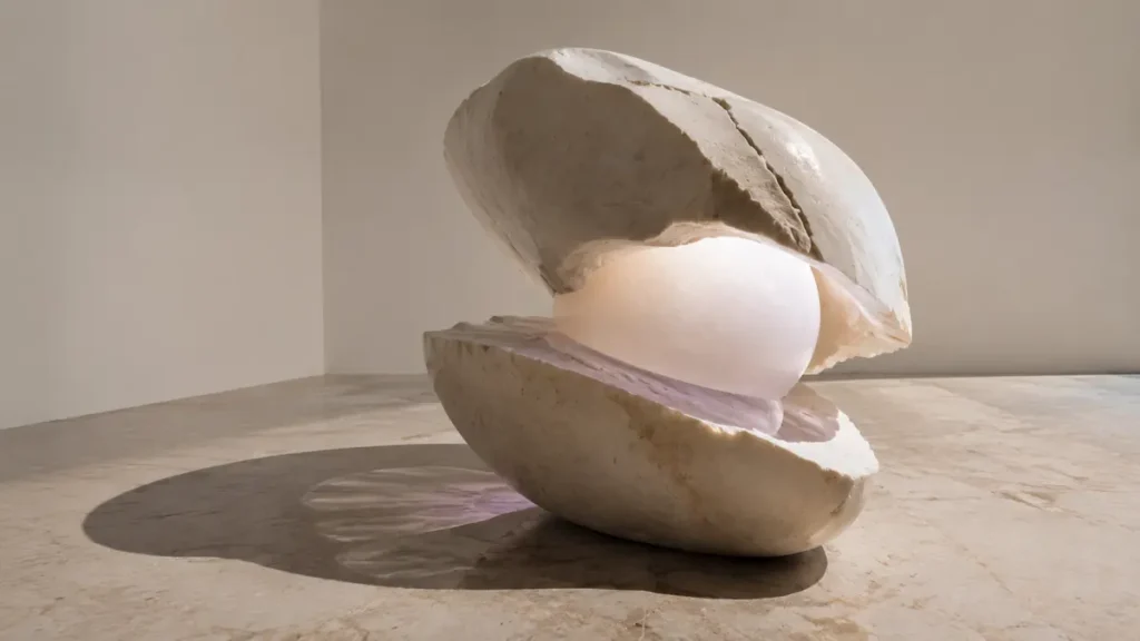 A luminous glass form rests compressed inside cracked ivory stone shells, evoking fragile memory.