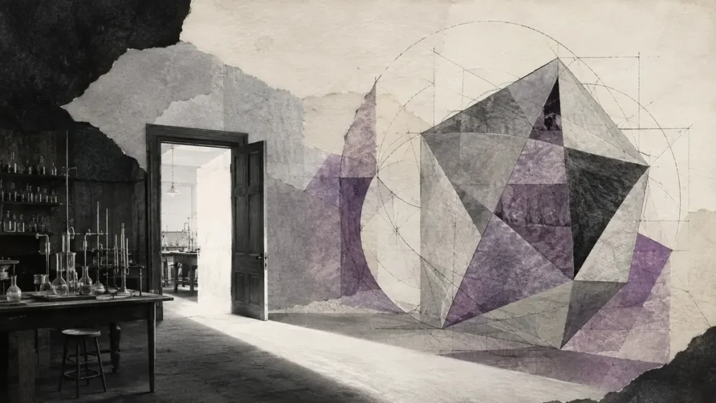An open laboratory door faces a monumental geometric problem layered across archival paper.