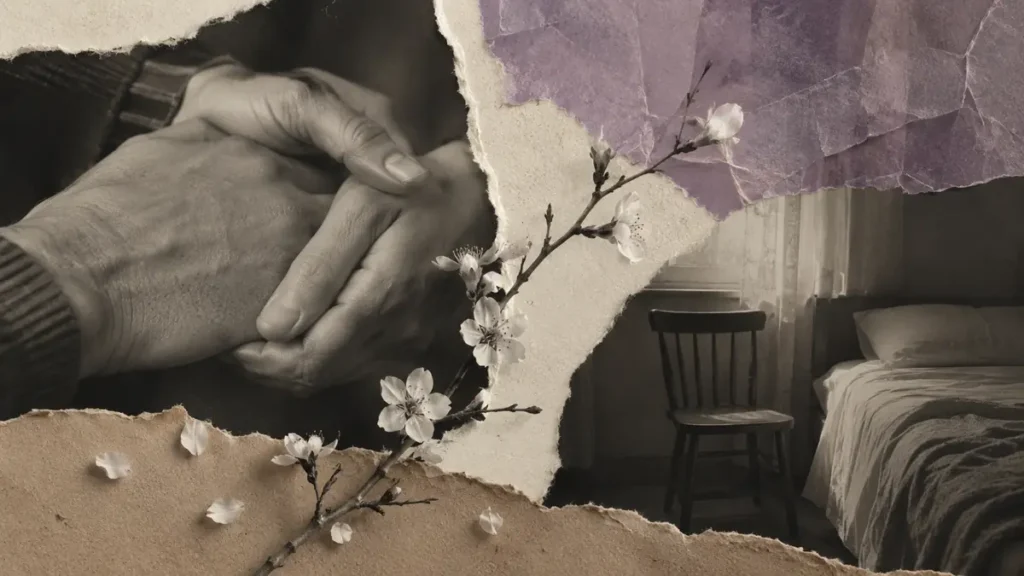Clasped hands, an empty bedside chair and flowering branch reflect caregiving, love and grief.