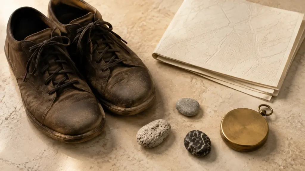 Worn walking shoes, a blank city map, stones and a compass evoke learning a place on foot.
