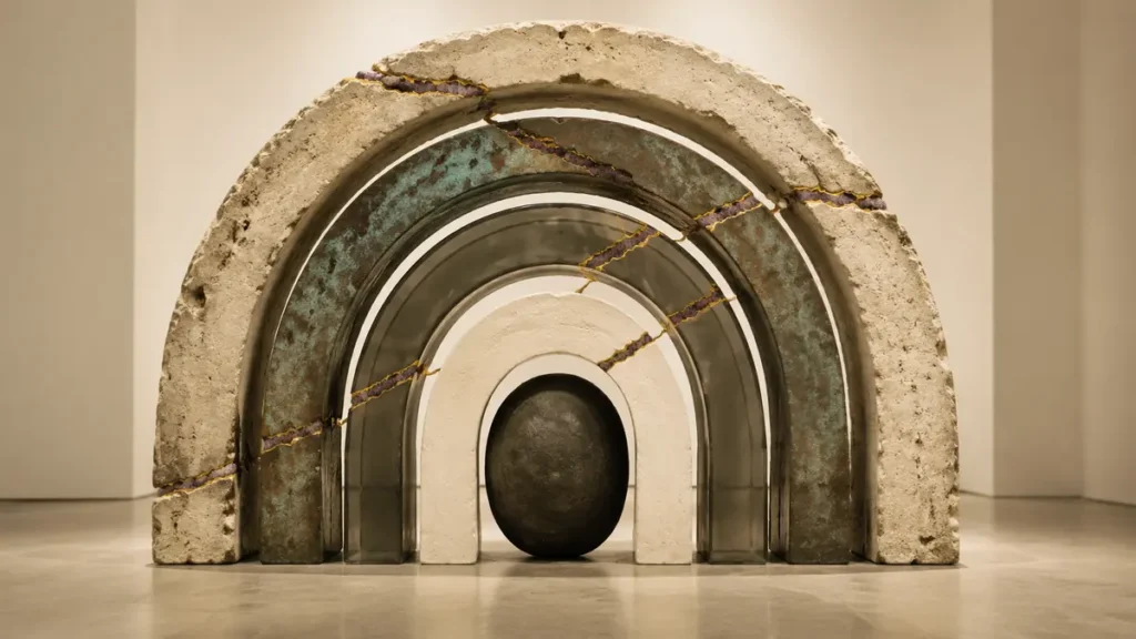 Five weathered arches surround one dark core, their repaired scars carrying history across every layer.