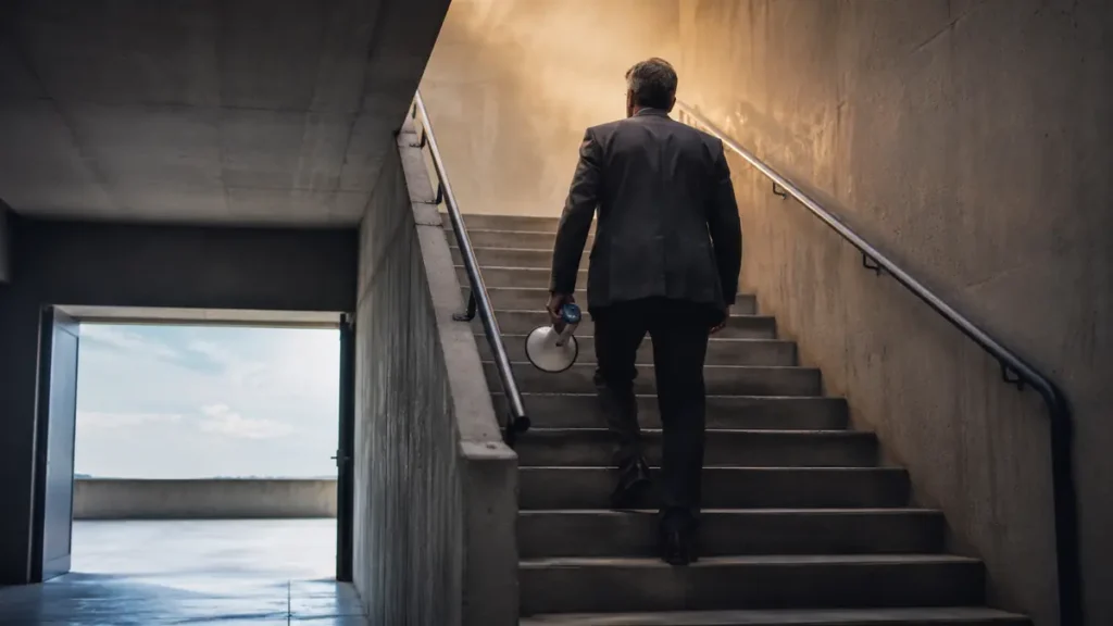 A lone security leader climbs an empty stairwell toward danger after guiding others to safety.