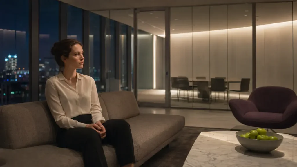 A lone employee sits in an empty luxury startup office at night, looking beyond its glass walls.