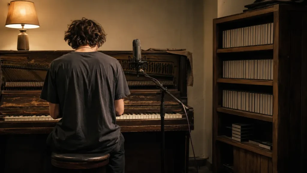 A young songwriter records another piano take beside shelves filled with unlabelled demo cassettes.