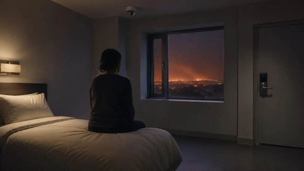 A woman sits awake in a monitored institutional room while a fire-lit city glows beyond the window.