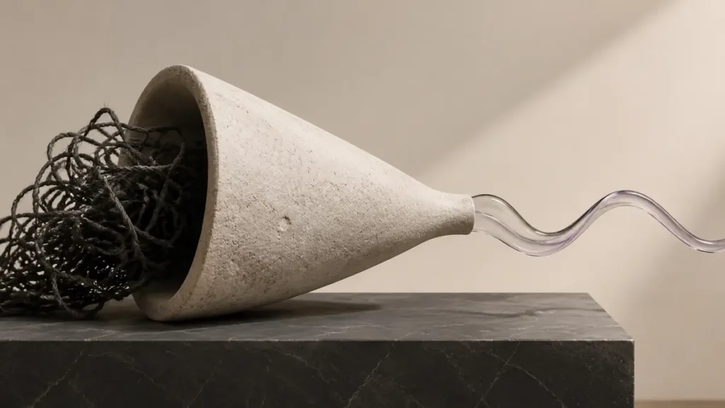 Tangled dark thread passes through a stone cone and emerges as one clear glass line.