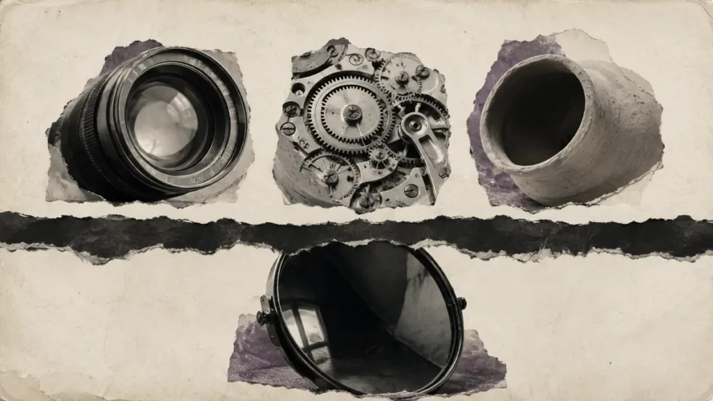 A lens, clockwork and clay vessel sit above an inward-facing mirror in a visual equation for trust.