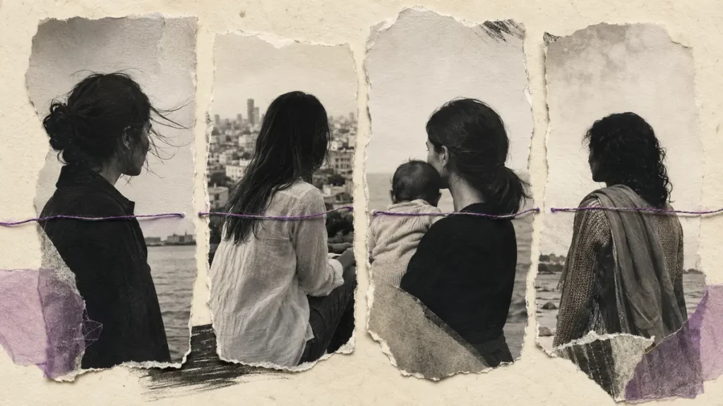 Four women occupy separate torn-paper portraits, joined imperfectly by a thin purple thread.