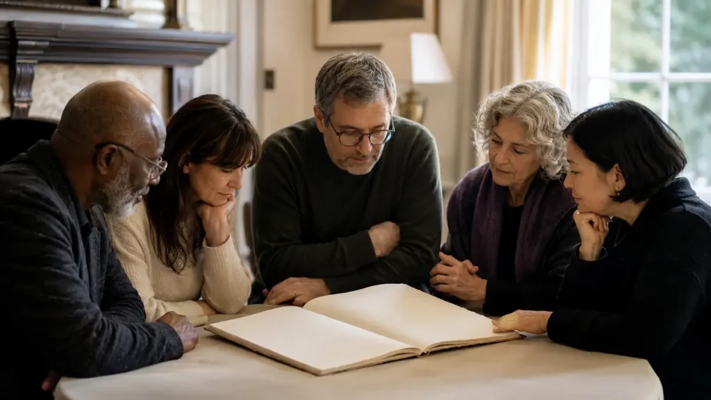 Five readers gather around a shared book, exchanging ideas during an intimate weekly discussion.