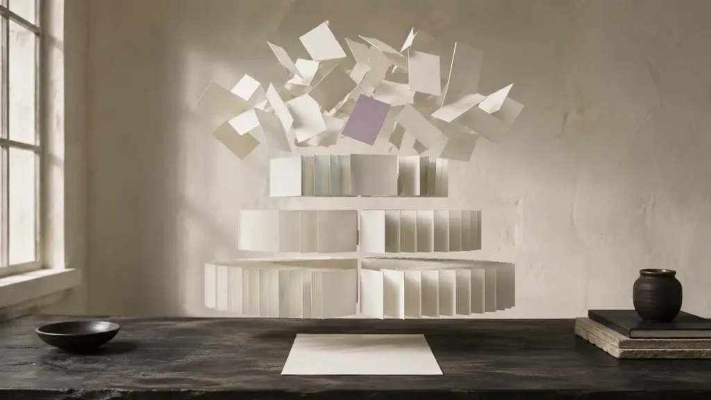 Blank index cards organize themselves into four precise layers above a clean manuscript page.