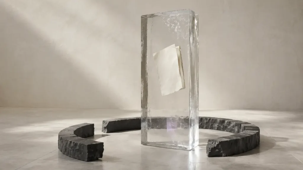 A blank manuscript fragment is suspended inside glass, encircled by an incomplete ring of dark stone.
