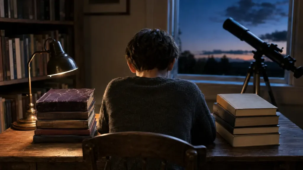 A young reader sits between science fiction and science books, with a telescope beside the desk.