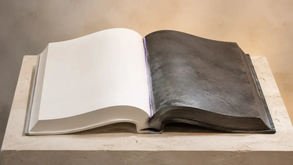 A blank sculpted book shifts from pale paper to weathered metal across a narrow fault line.
