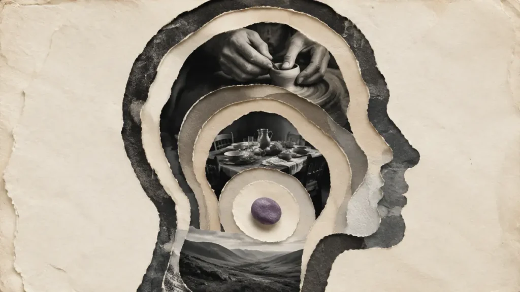 A layered profile holds scenes of craft, community and nature around a purple core of personal values.