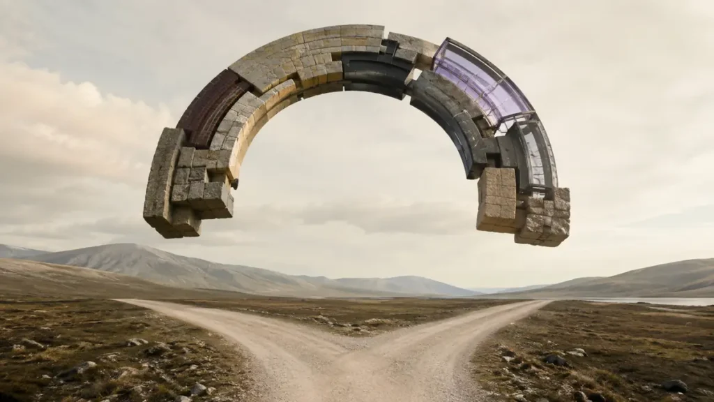 A floating arch of interlocking materials spans two diverging roads, symbolizing cooperative institutions.