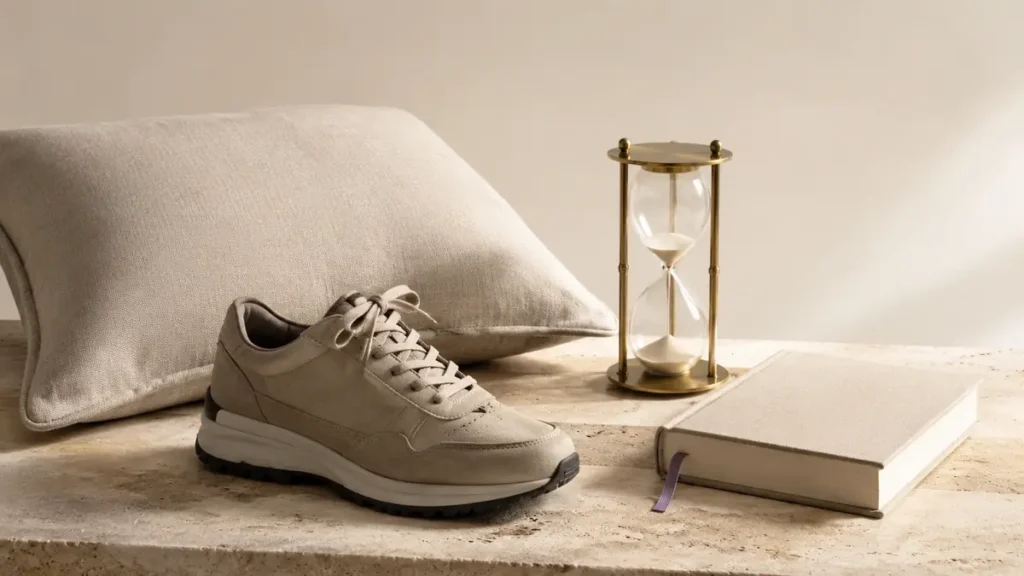 A linen pillow, walking shoe, hourglass and blank book symbolize upgrades to health, time and learning.