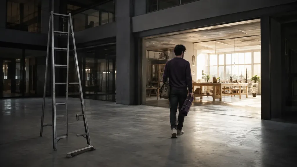 A lone worker leaves a dark office ladder behind and walks toward a sunlit independent workshop.