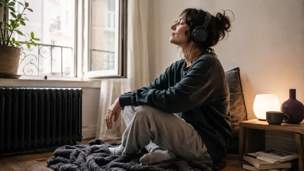 An adult wearing headphones rests in a quiet, sensory-friendly corner after feeling overwhelmed.