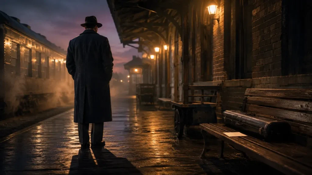 A lone 1930s investigator stands on a misty station platform beside an abandoned clarinet case.