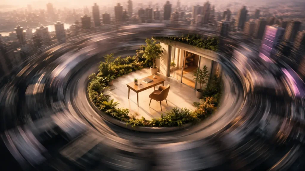 A peaceful home office remains still while the surrounding city rushes past in a blurred ring.