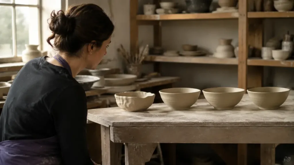 A beginner potter compares an uneven first bowl with progressively refined practice pieces.