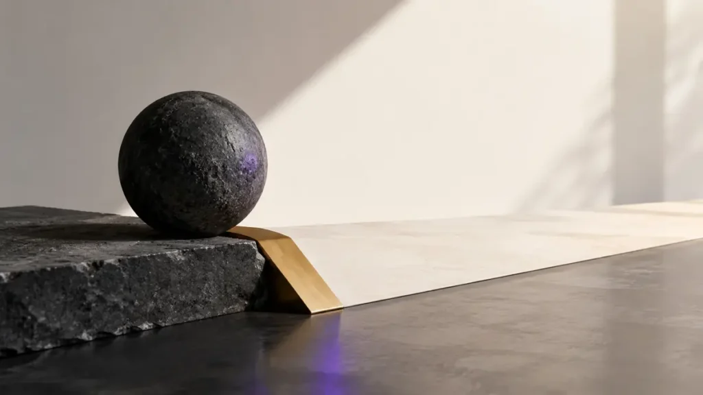 A heavy stone sphere meets a tiny brass ramp leading onto a smooth path with less resistance.