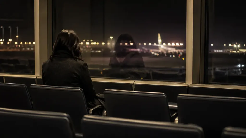 A woman sits alone in an airport lounge as her reflection reaches toward distant aircraft lights.