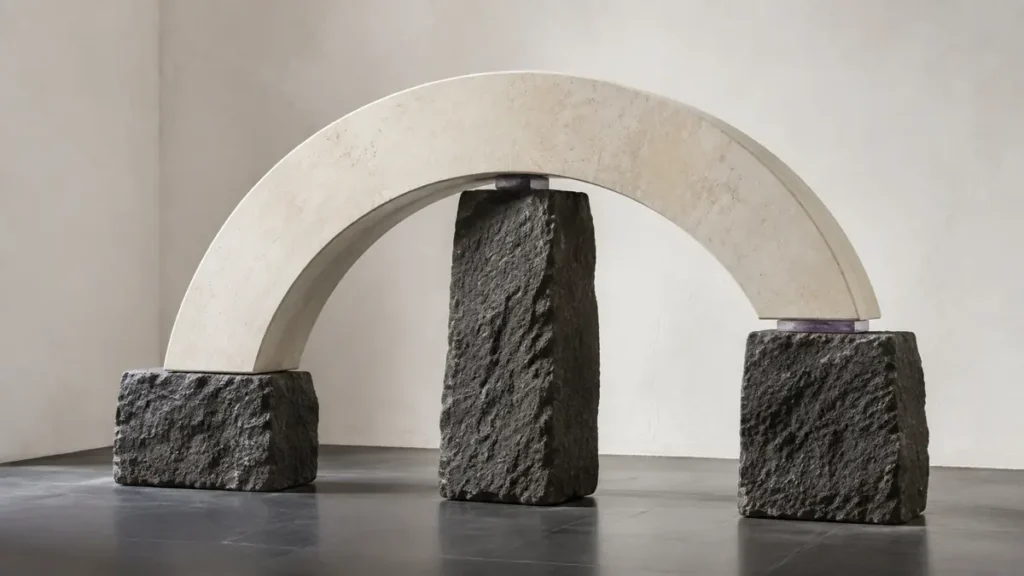 A polished stone arch rests on rough basalt blocks, showing the essential work behind lasting projects.
