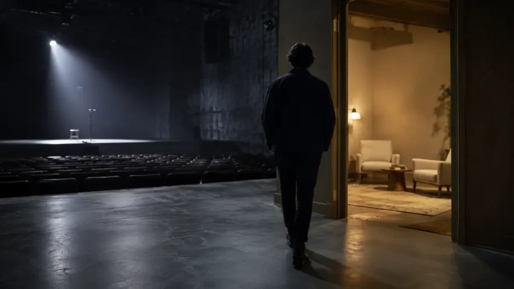 A lone person leaves an empty public stage for a warmly lit room designed for private conversation.