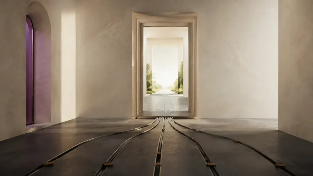 Several floor tracks merge beyond a bright doorway, reflecting how chosen environments shape future behavior.