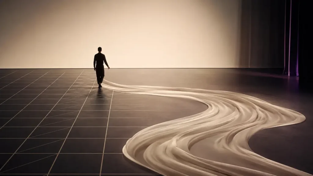 A performer leaves a rigid floor grid for flowing fabric, expressing the shift from analysis to intuition.