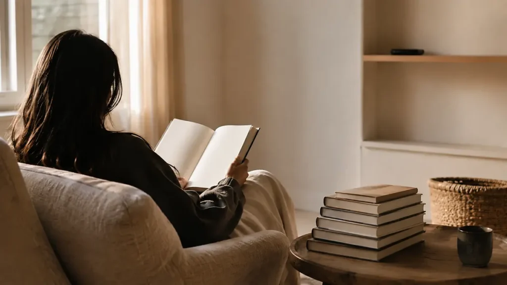 A reader holds a blank-paged book beside seven more books while a phone rests facedown out of reach.