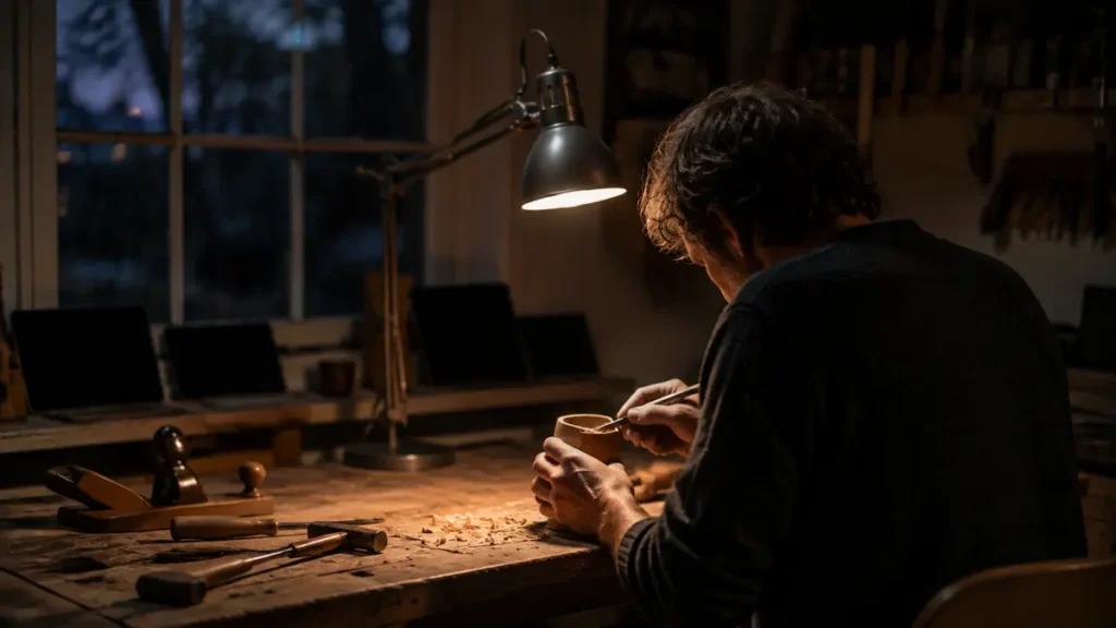A craftsperson shapes wood beneath a warm lamp while blank dark screens recede behind the workbench.
