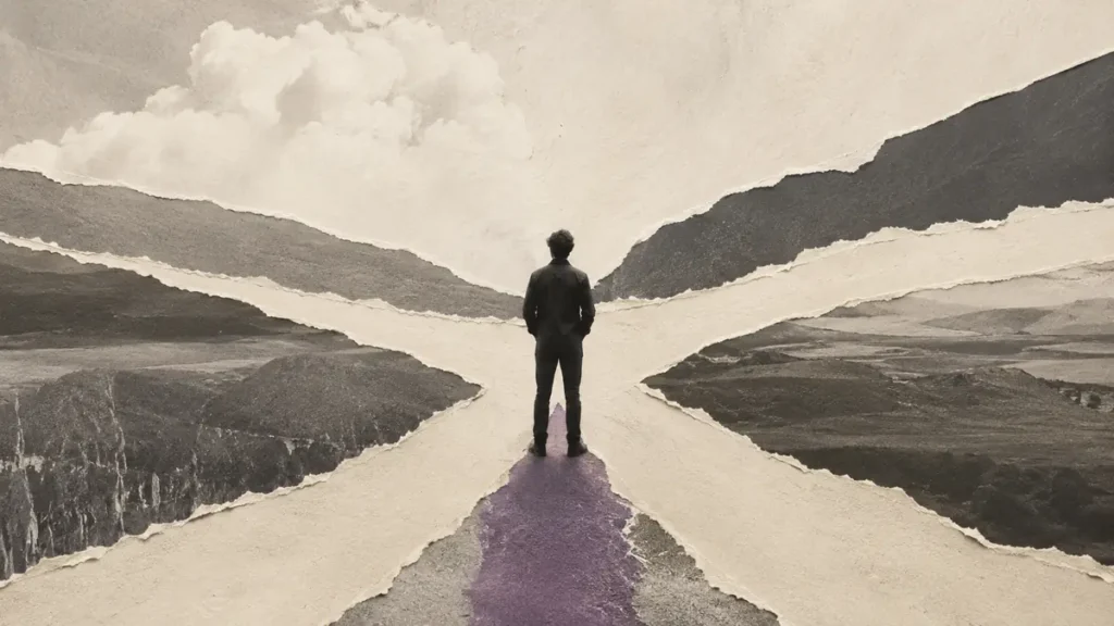 A lone figure stands where five torn-paper paths divide, with a purple strip beneath their feet.
