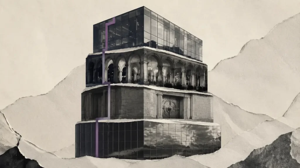 Four torn architectural tiers form a single tower, joined by a restrained purple structural line.