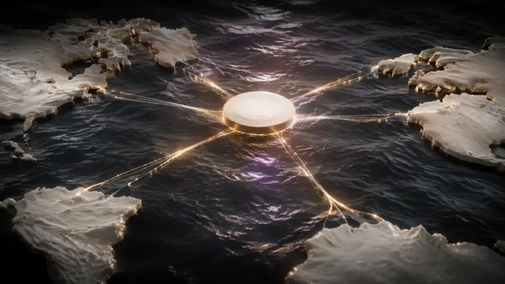 A luminous unmarked disc anchors payment routes across a turbulent ocean between pale continents.