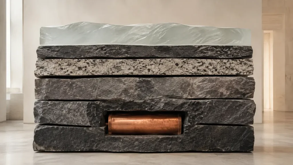 A copper cylinder rests deep inside stacked granite beneath a glass ice layer, representing deep-time stewardship.