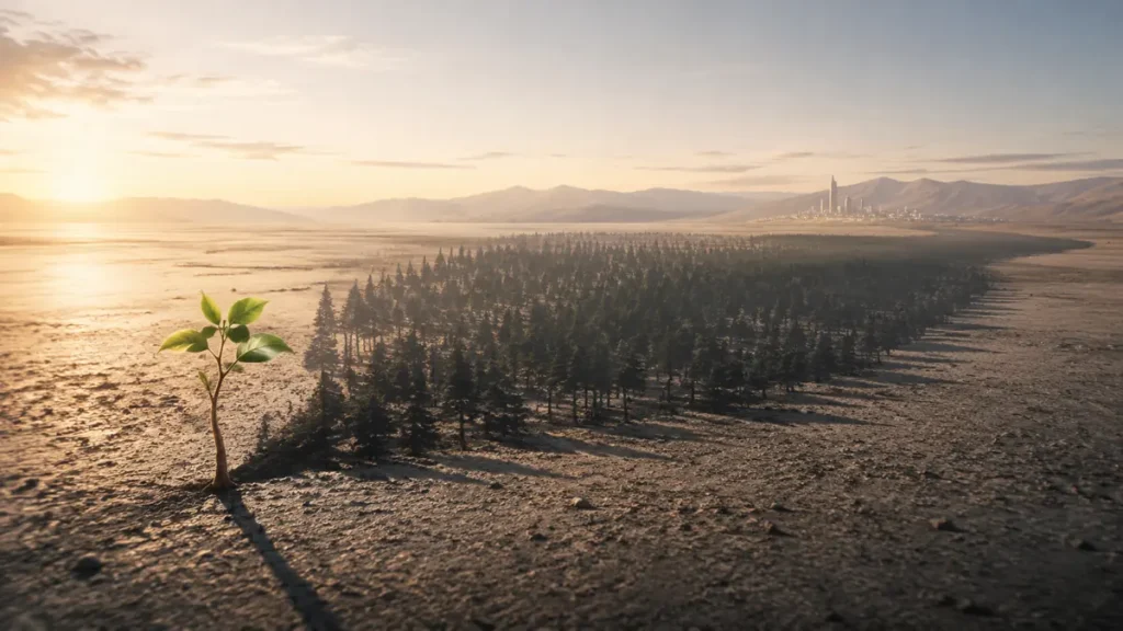 A young sapling casts the vast shadow of a mature forest toward a distant city, symbolizing long-term responsibility.