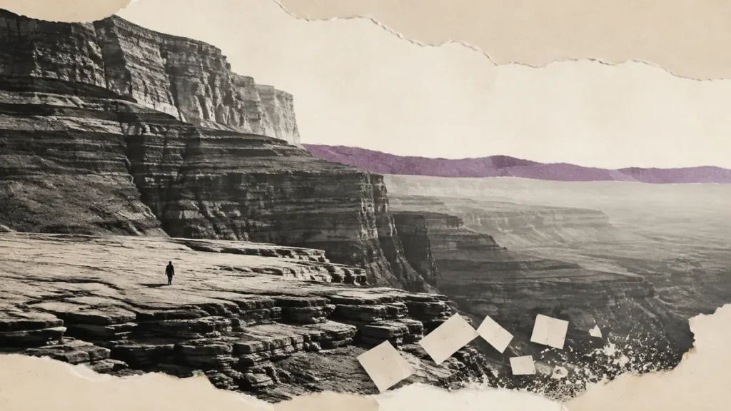A lone walker crosses vast geological strata as blank paper fragments fall away from the ancient landscape.