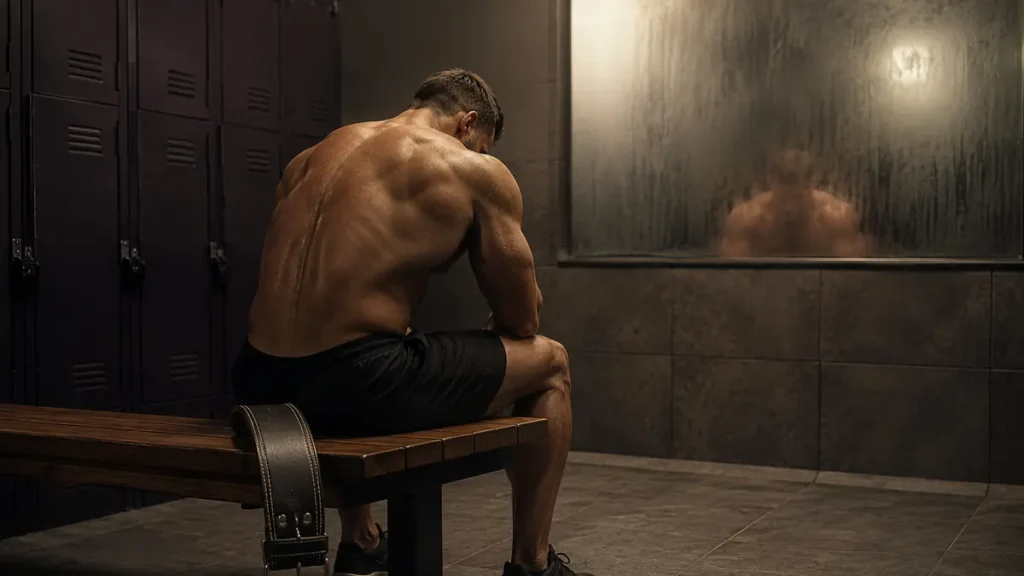 A muscular man sits hunched in an empty locker room beside a lifting belt hanging like discarded armor.